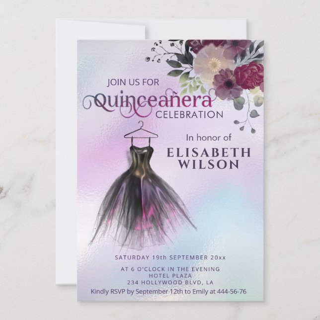 Invitación Vestido adorable holográfico floral Quinceañera (Anverso)