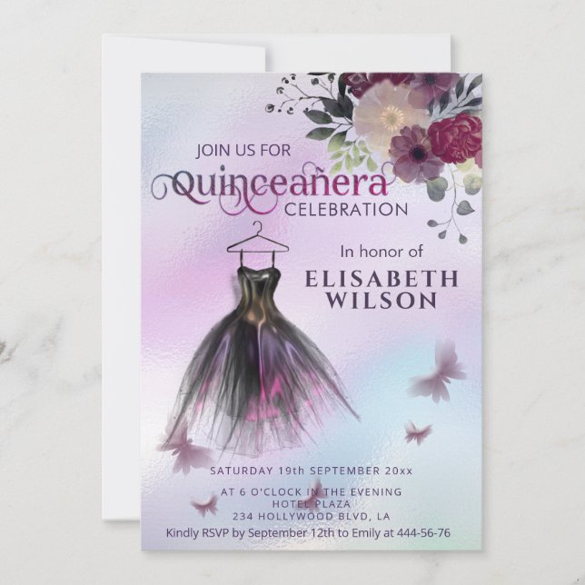 Invitación Vestido adorable holográfico floral Quinceañera In (Anverso)