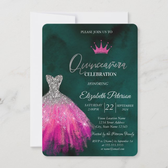 Invitación Vestido Adorable Purpurina, Diamantes Dulce Verde  (Anverso)