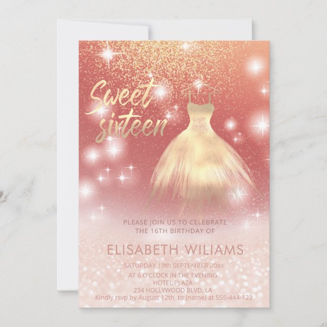 Invitación Vestido adorable rosa encantador oro purpurinoso o (Anverso)