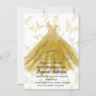 Invitación Vestido Amarillo Dorado Baile de Mariposa Dulce 16