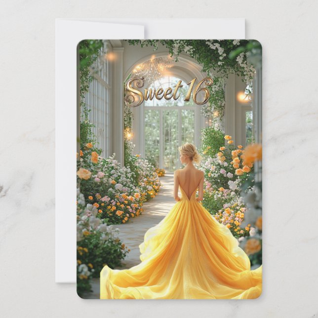 Invitación Vestido Amarillo Dulces 16 Flores Hermosas Lugar (Anverso)