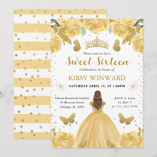 Invitación Vestido Amarillo Princesa de Cabello Rojo Cumple 1 (Anverso / Reverso)