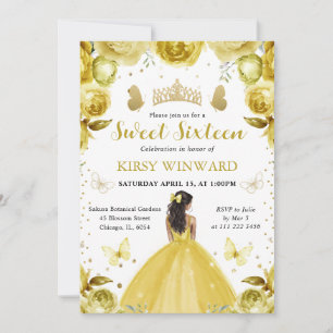 Invitación Vestido Amarillo Princesa de Piel Oscura Cumple 16