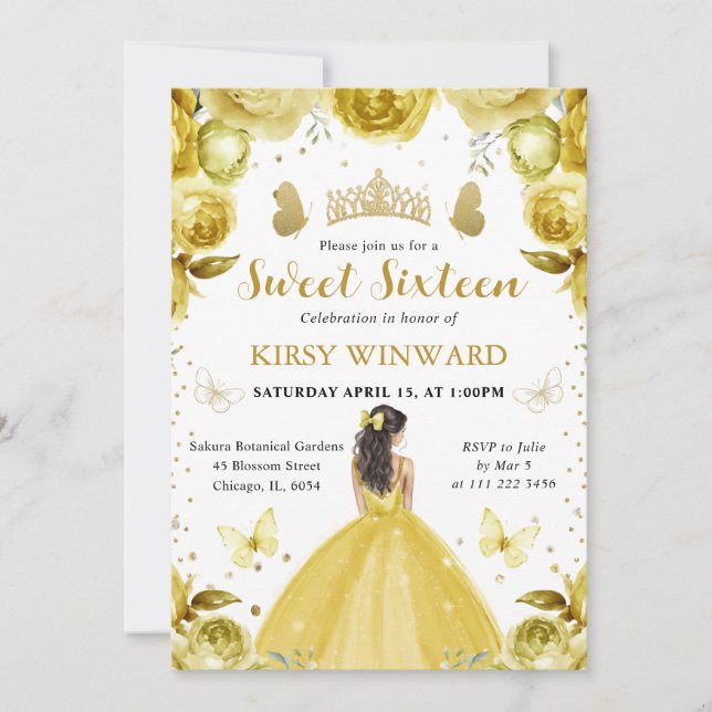 Invitación Vestido Amarillo Princesa Morena Sweet 16 (Anverso)