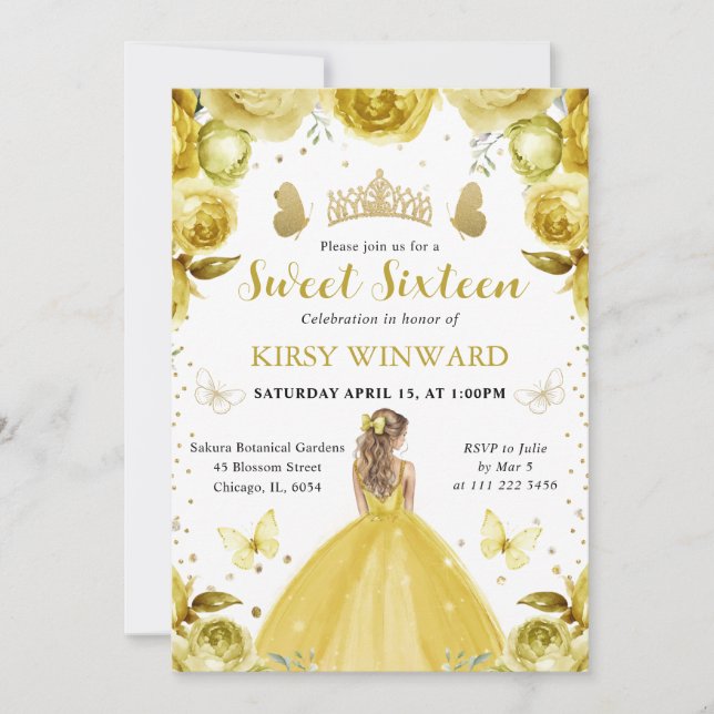 Invitación Vestido Amarillo Princesa Rubia Dulces 16 (Anverso)