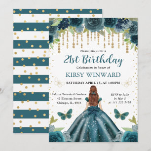 Invitación Vestido Aqua Oscuro Cumpleaños Princesa Pelirroja