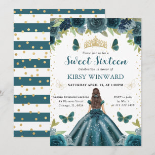 Invitación Vestido Aqua Oscuro Princesa Morena Dulces 16