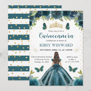 Invitación Vestido Aqua Oscuro Princesa Morena Quinceañera