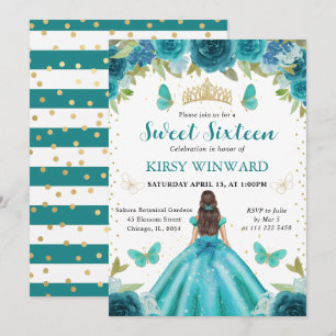 Invitación Vestido Aqua y Turquesa Princesa Morena Dulces 16