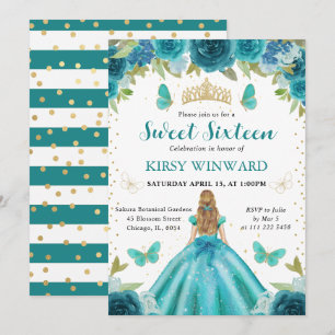 Invitación Vestido Aqua y Turquesa Princesa Rubia Dulces 16