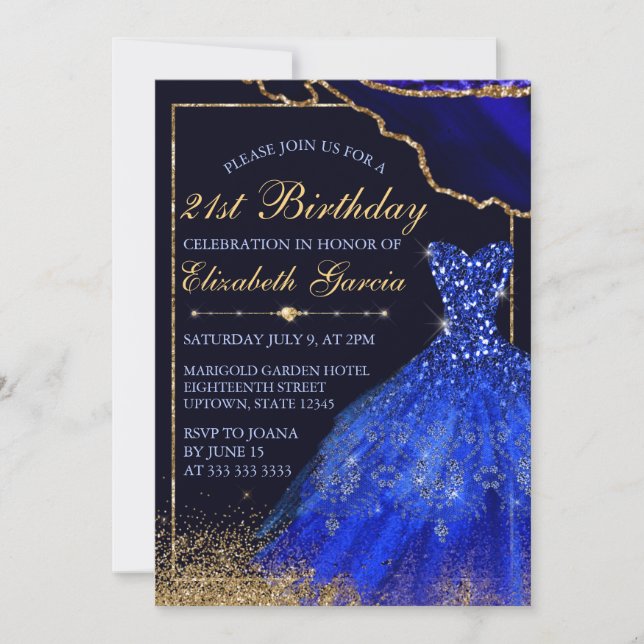 Invitación Vestido azul acuarela y agato 21 cumpleaños (Anverso)