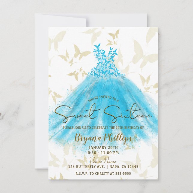 Invitación Vestido azul acuático de baile de mariposa Dulces  (Anverso)