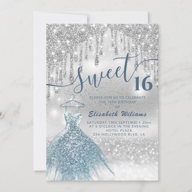 Invitación Vestido azul adorable purpurinoso plateado gotea s (Anverso)