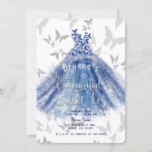 Invitación Vestido Azul Baile de Mariposa Dulces 16 Plateado