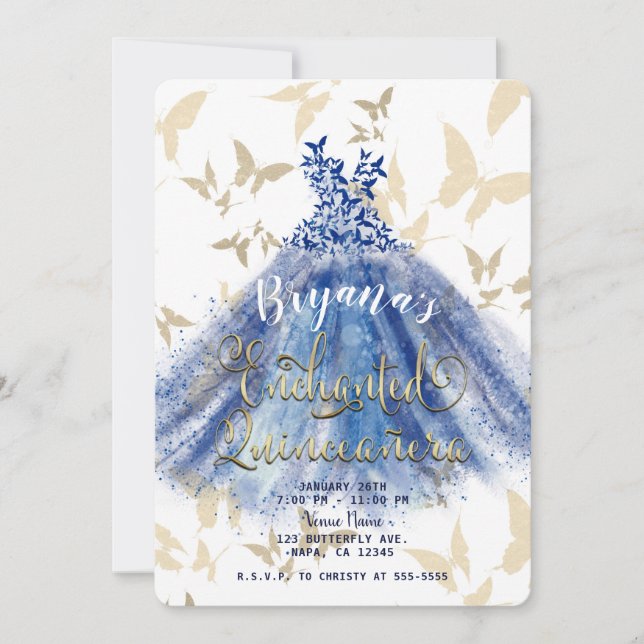 Invitación Vestido Azul Baile de Mariposa & Quinceañera Dorad (Anverso)