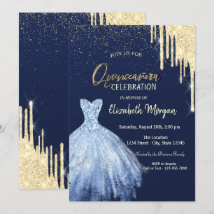 Invitación Vestido Azul Brillo Dorado Goteo Quinceañera