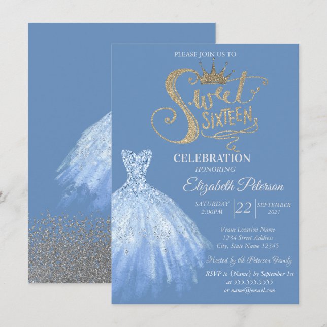 Invitación Vestido Azul Chic, Diamantes Dulces 16 (Anverso / Reverso)