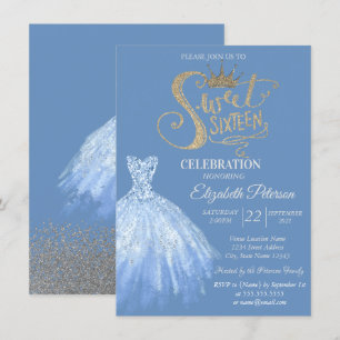 Invitación Vestido Azul Chic, Diamantes Dulces 16