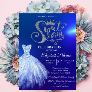 Invitación Vestido azul chic, Dulces 16 diamantes azules