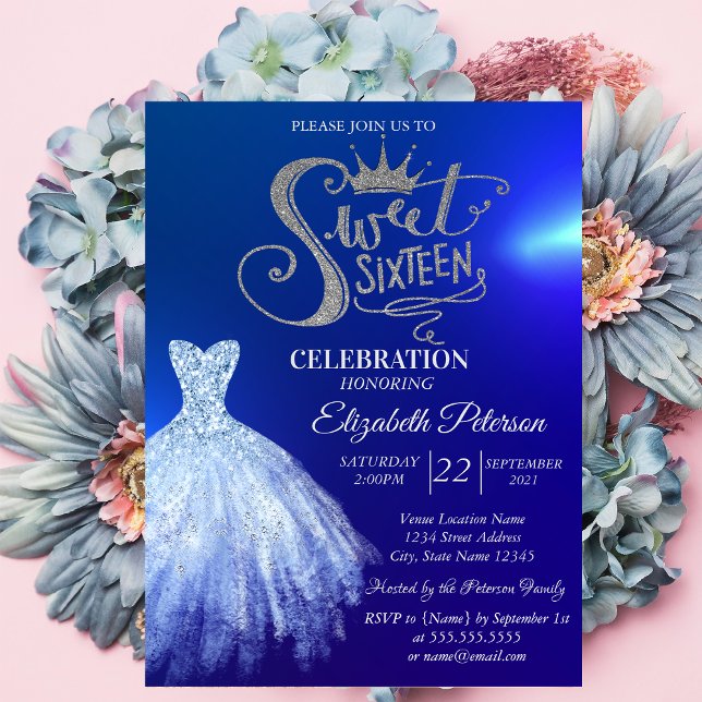 Invitación Vestido azul chic, Dulces 16 diamantes azules (Subido por el creador)