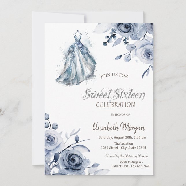 Invitación Vestido Azul Chic Rosas Azules Dulces 16 (Anverso)