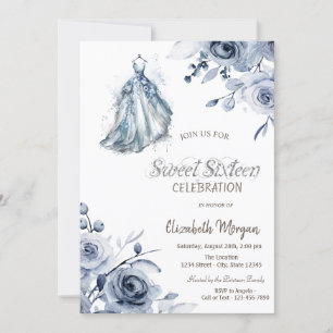 Invitación Vestido Azul Chic Rosas Azules Dulces 16