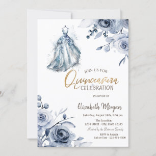 Invitación Vestido Azul Chic Rosas Azules Quinceañera
