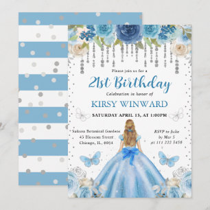 Invitación Vestido Azul Claro Cabello Rubio Cumpleaños de Pri