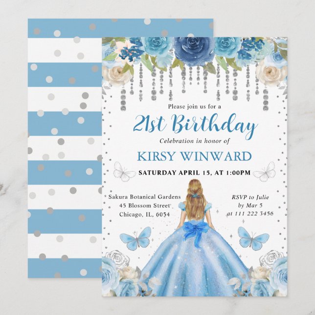 Invitación Vestido Azul Claro Cabello Rubio Cumpleaños de Pri (Anverso / Reverso)