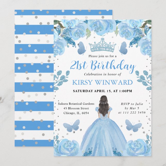 Invitación Vestido azul claro Cumpleaños de princesa morena (Anverso / Reverso)