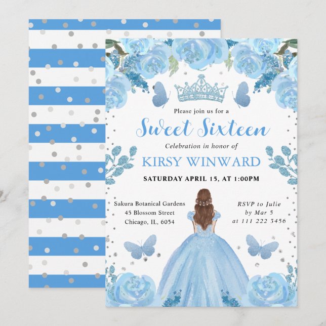Invitación Vestido Azul Claro Princesa de Cabello Rojo Cumple (Anverso / Reverso)