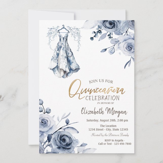 Invitación Vestido azul claro Rosas azules Quinceañera   (Anverso)