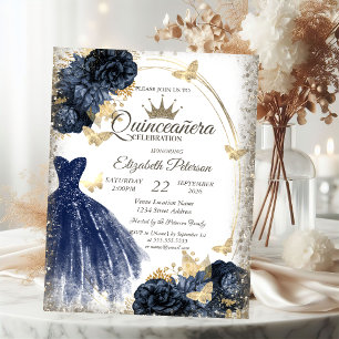 Invitación Vestido azul con brillo, Rosas, Mariposas Quinceañ