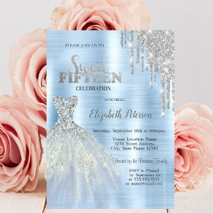 Invitación Vestido Azul con Goteo de Purpurina Plateada Azul 
