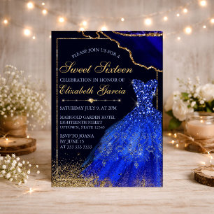 Invitación Vestido azul con purpurina y ágata dorada Glam Swe