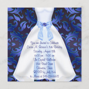 Invitación Vestido azul damasco Quinceanera fiesta de cumplea