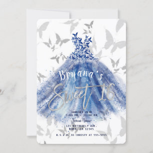 Invitación Vestido Azul Danza de Mariposa Dulces 16 Plateado