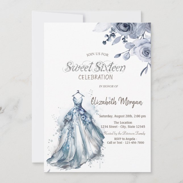Invitación Vestido azul de acuarela Rosas azules Dulces 16 (Anverso)