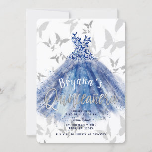 Invitación Vestido Azul de Baile de Mariposa Plata Quinceañer