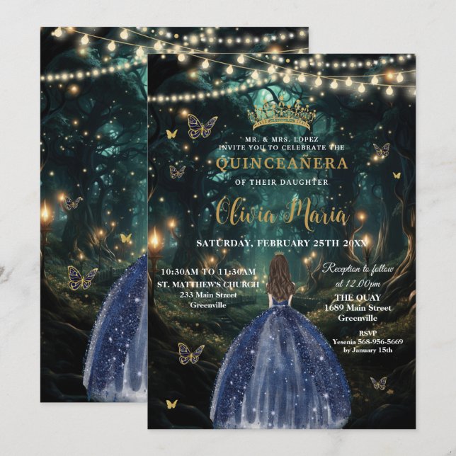 Invitación Vestido azul de la Marina Forestal encantado Quinc (Anverso / Reverso)