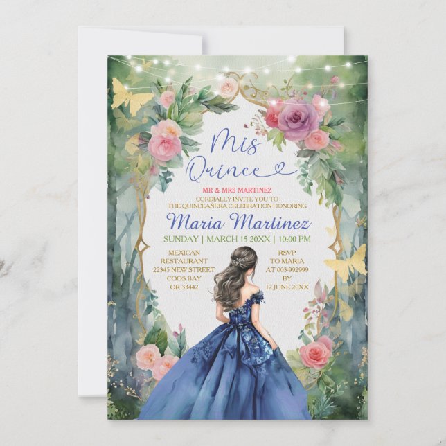 Invitación Vestido azul de la marina Selva Mariposa de oro Mi (Anverso)