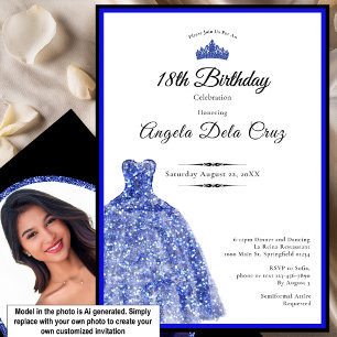 Invitación Vestido azul elegante debut cumpleaños 18