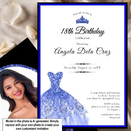 Invitación Vestido azul elegante debut cumpleaños 18