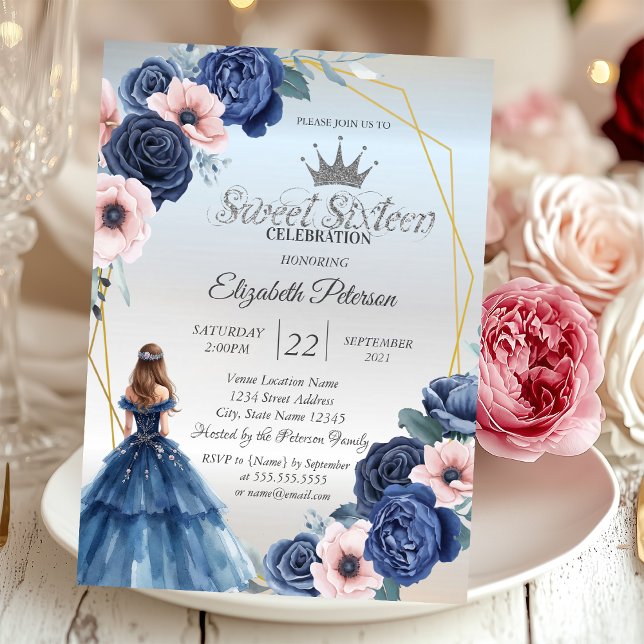 Invitación Vestido azul, Flores azules marco dulce 16 (Subido por el creador)