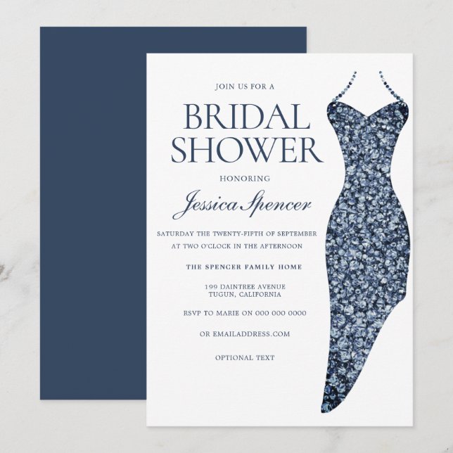 Invitación Vestido azul índigo de la marina con ducha de novi (Anverso / Reverso)