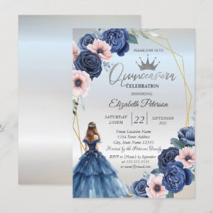 Invitación Vestido azul, marco de flores azules