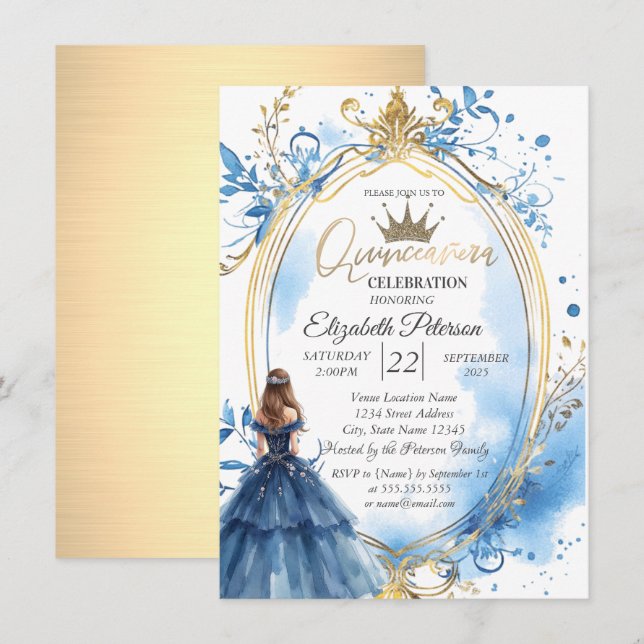 Invitación Vestido azul marco princesa dorado (Anverso / Reverso)