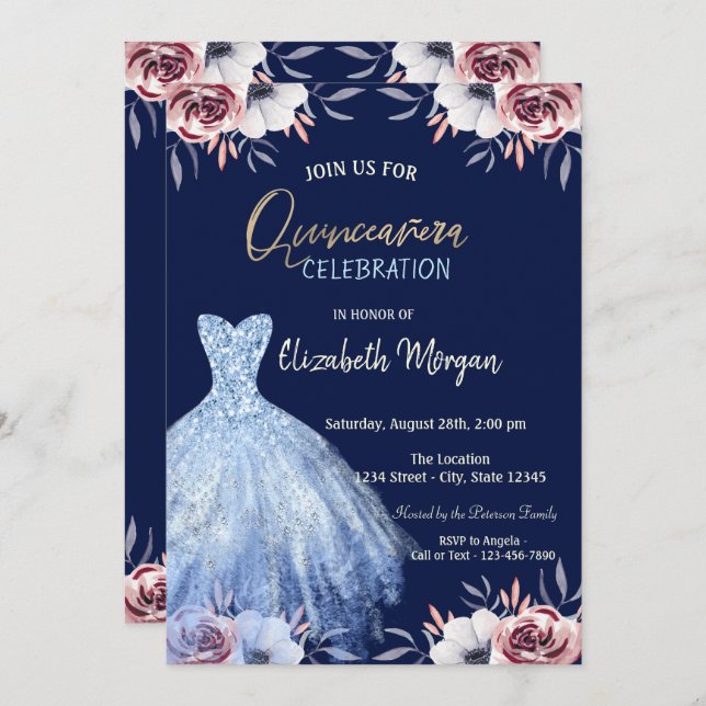 Invitación Vestido azul Marina Floral Azul Quinceañera (Anverso / Reverso)