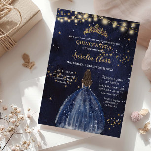 Invitación Vestido Azul Marino Chic Estrellado de Quinceañera